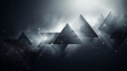 minimalist design of monochrome triangles interspersed with bright, glowing stars against a dark background.