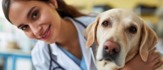 A smiling woman in veterinary scrubs extends affection to a Labrador Retriever, suggesting professional pet care or animal health.
