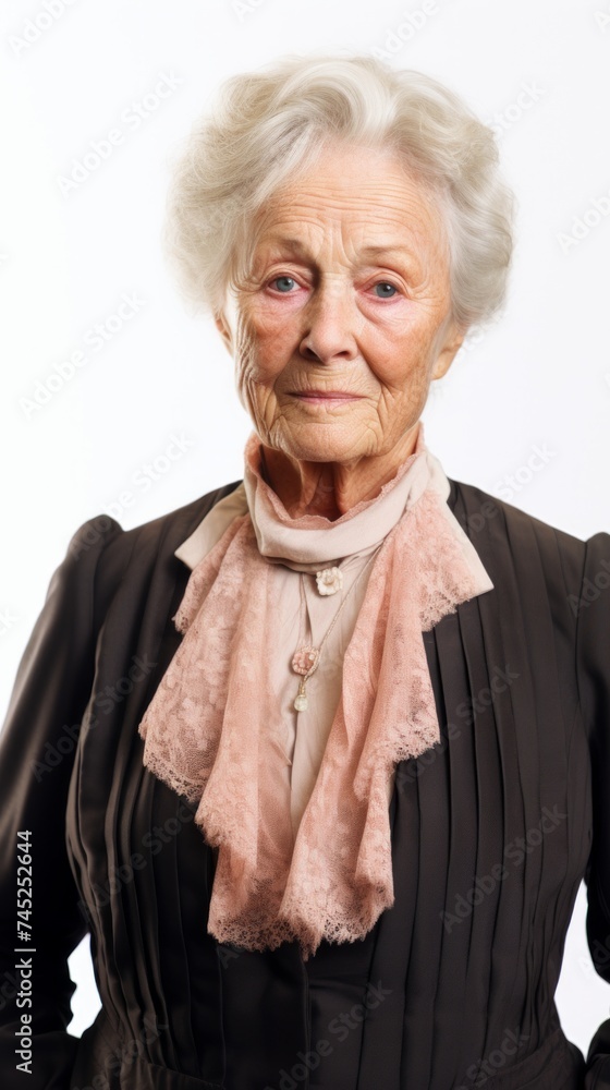 Poster stock image of an elderly woman in elegant attire on a plain white background generative ai