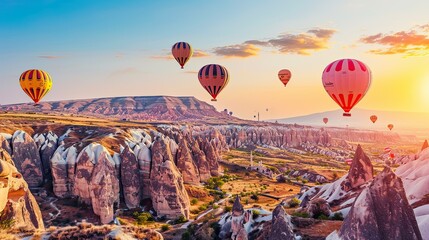A hot air balloon festival with balloons flying over a vast desert landscape.