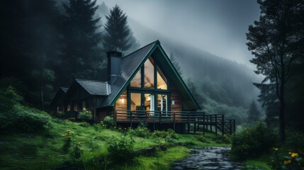 Wooden house in green nature - obrazy, fototapety, plakaty