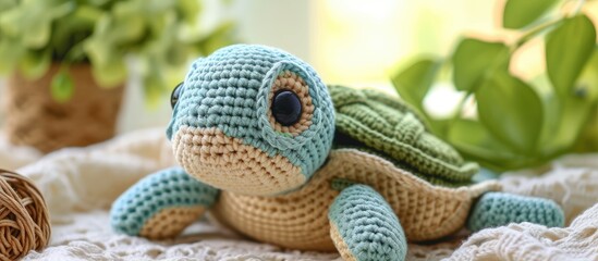A charming crocheted stuffed animal, designed to resemble a turtle, sits on a cozy blanket. The handmade toy showcases intricate crochet work and is perfect for animal lovers and crochet enthusiasts.