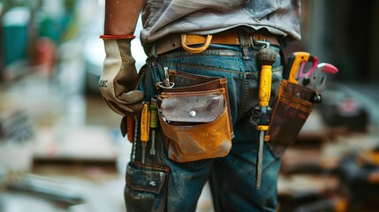 maintenance worker with tool belt and bag for equipment - obrazy, fototapety, plakaty