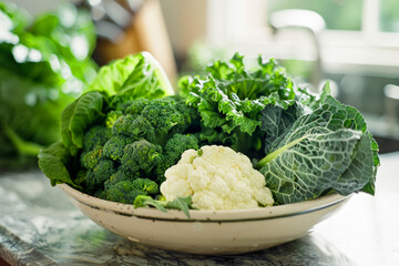 Broccoli, cauliflower, and kale as well as leafy spinach and romaine in a bowl on a kitchen counter as light filters in through a window in the background.