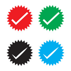 Set of social media verified icons. Tick in circle with zigzag. Instagram check in star. Youtube approval sign. Internet top rank stamp. Mark of most popular profile in web. Vector illustration © Hello 