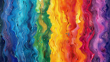 an abstract artist, watercolor paints flow together on canvas, forming a vibrant rainbow pattern.