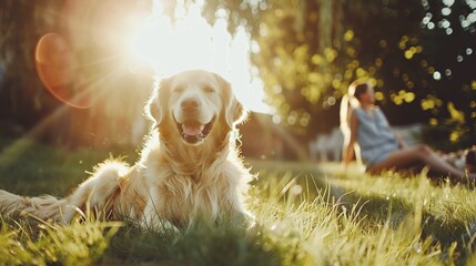 cheerful family playing with golden retriever dog in park