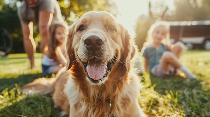 happy family playing with happy golden retriever dog on backyard lawn