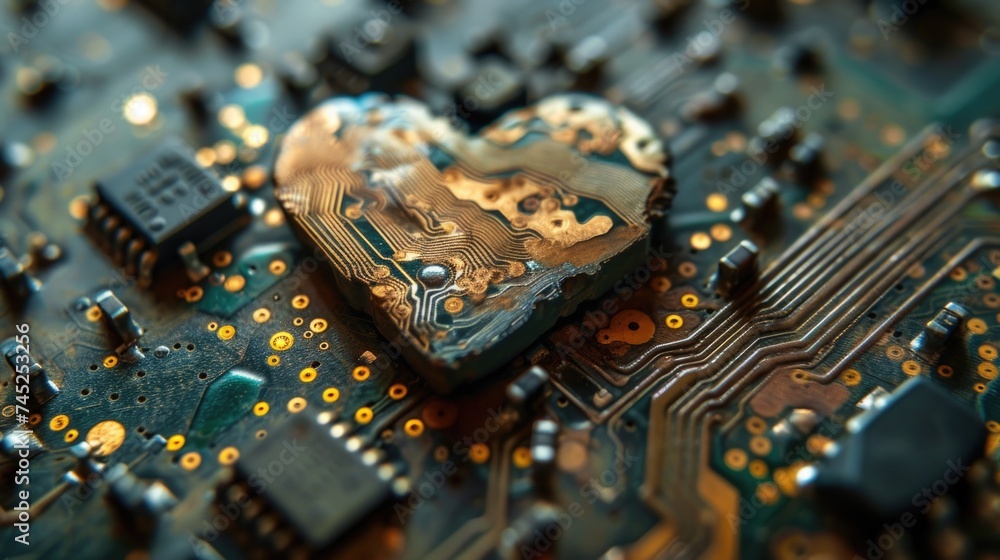 Aufkleber romantic heart in the form of a microcircuit or chip. ai generative.