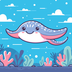 Obraz premium Stingray sails among the fish from ocean sea flat vector