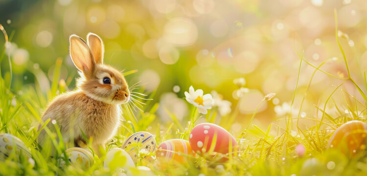 illustration of an easter bunny on a meadow with easter eggs, lens flare background