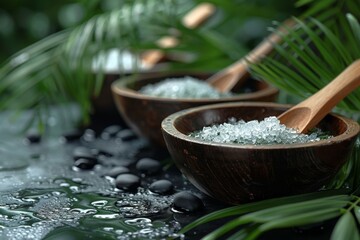 Spa setting with Himalayan salt bowls, wooden spoons, and tropical leaves, reflecting relaxation...