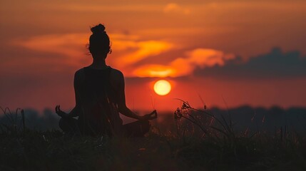 A serene silhouette of a woman meditating in a field with a beautiful sunset backdrop, evoking peace and mindfulness.