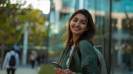 Young indian asian girl checks her smart phone in the street - obrazy, fototapety, plakaty