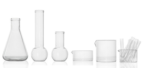 set.Medical glassware, cup with test tubes, flasks, jars. on an empty background. PNG