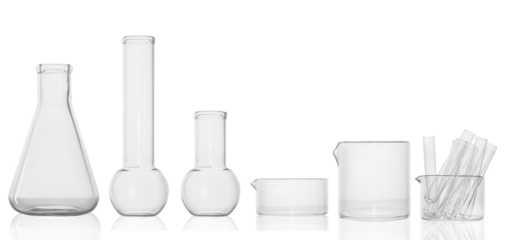 set.Medical glassware, cup with test tubes, flasks, jars. on an empty background. PNG