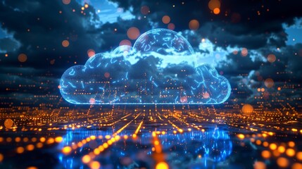 A futuristic representation of a glowing digital cloud network superimposed over a circuit board, symbolizing cloud computing and data technology. - obrazy, fototapety, plakaty