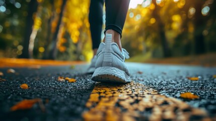 A close-up view of running shoes on an autumn road, highlighting an active lifestyle and fitness...