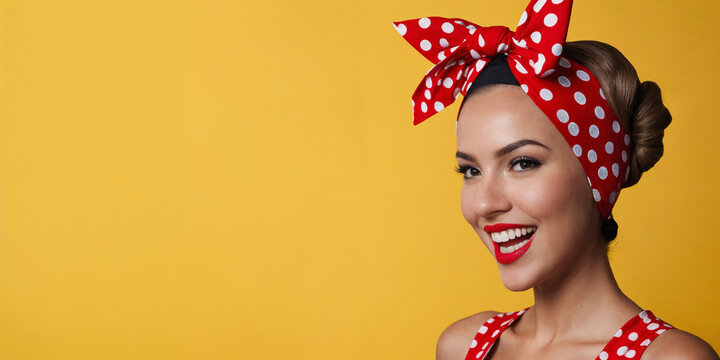 Closeup Portrait Of Happy Young Woman Pinup Girl Looking Excited Surprised Isolated Yellow Background Retro Vintage 50's Style. Positive Human Emotions, Facial Expressions Reaction