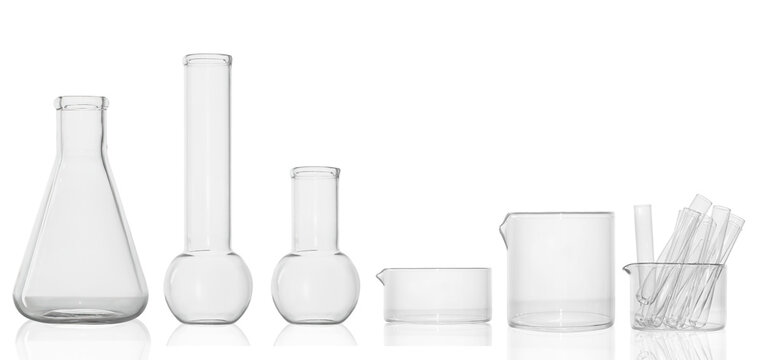 set.Medical glassware, cup with test tubes, flasks, jars. on an empty background. PNG