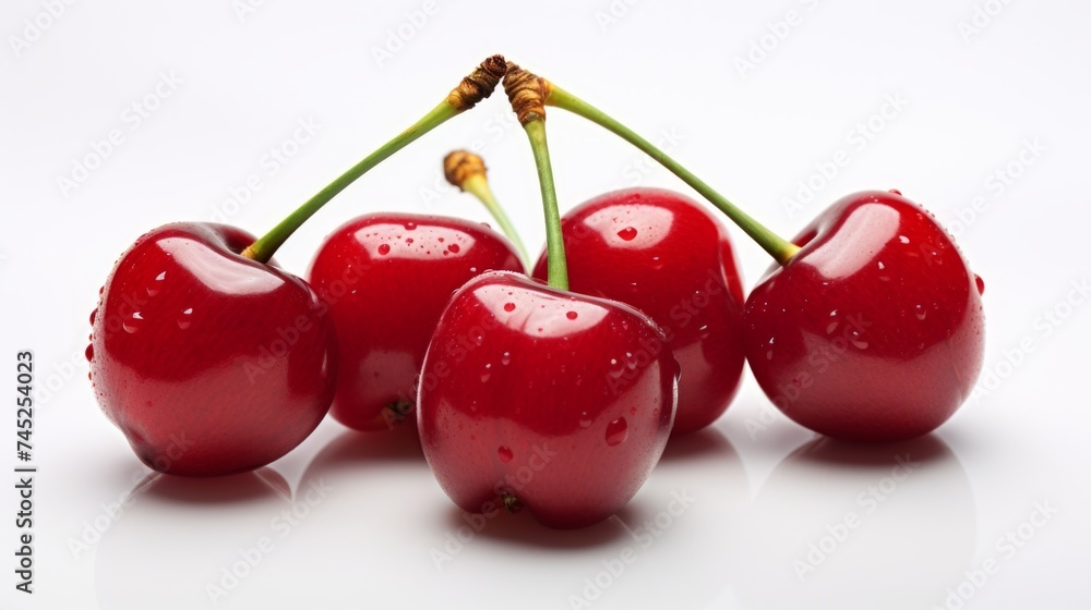 Poster three sweet, ripe red cherries captured in a close-up realistic photo on a white background generati