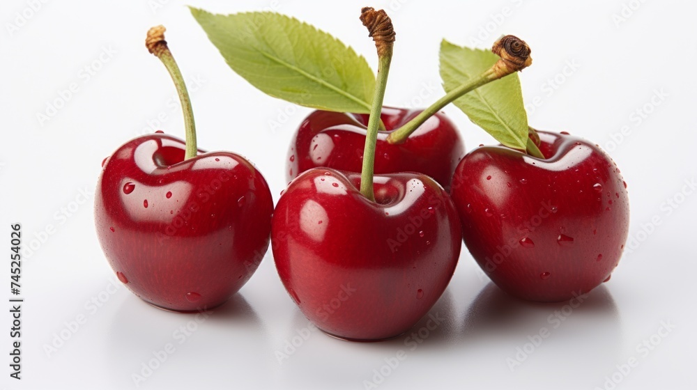 Poster three sweet red cherries captured in a close-up realistic photo on a white background generative ai
