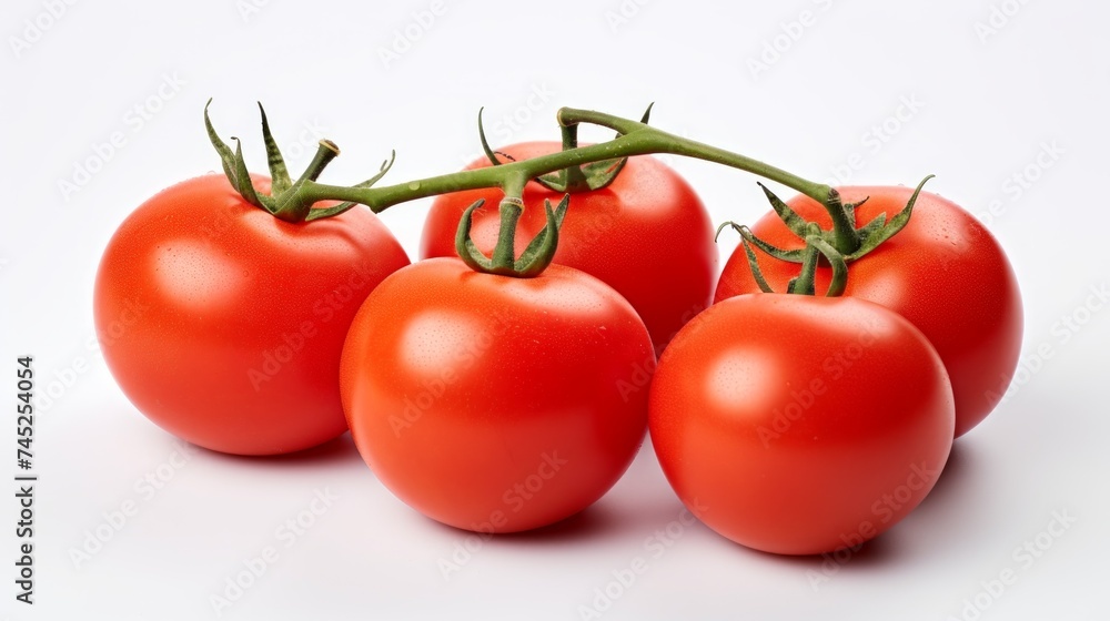 Poster vibrant red tomatoes captured in a close-up realistic photo against a white background Generative AI