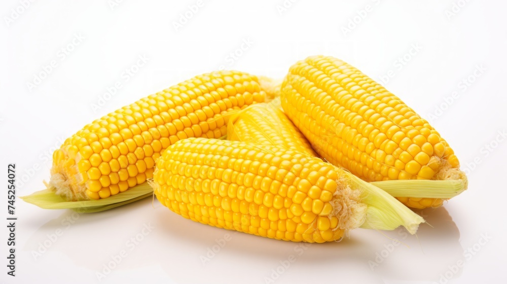 Poster yellow corn kernels captured in a close-up realistic photo against a white background Generative AI