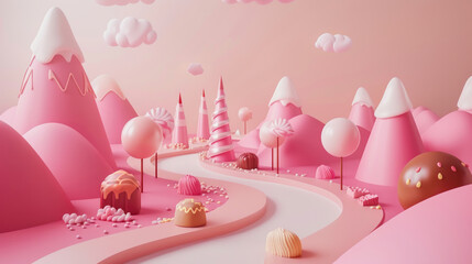 3d illustration of white and pink candy land with pink mountains and chocolates