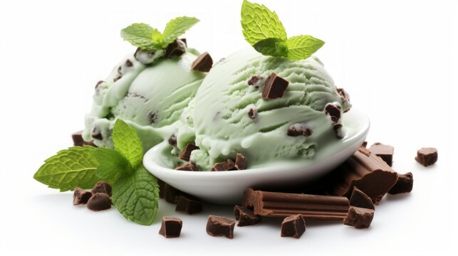 Three scoops of refreshing mint chocolate chip ice cream showcased in a close-up realistic photo against a white background Generative AI