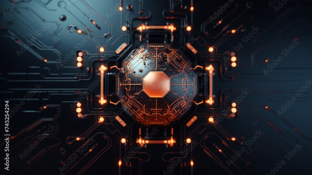 Poster generative ai top-down view of a futuristic computerized brain, depicting circuits and nodes resembl