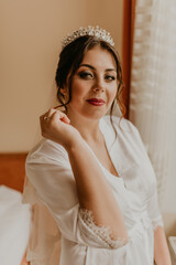  woman bride white silk peignoir thin robe long veil tiara on head