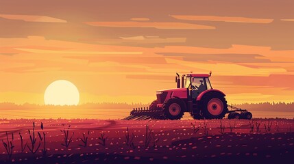 Fototapeta premium tractor ploughing field at sunset, agricultural workers working on farm machinery in countryside