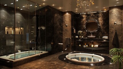 elegant black bathroom interior design, blending modern luxury with stylish decor elements for a...