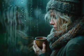 Contemplative Woman Enjoying Peaceful Moment with Coffee - obrazy, fototapety, plakaty