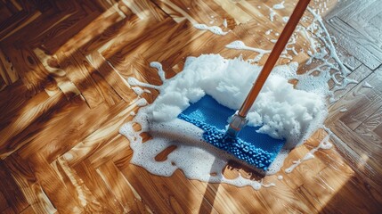 thorough home floor cleaning routine, utilizing mob and cleanser foam for hygienic maintenance of parquet surfaces - obrazy, fototapety, plakaty