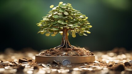 Generative AI Ultra-realistic portrayal of a tree on a white background, symbolizing capital growth power, positioned adjacent to a coin. Detailed and lifelike depiction showcasing the correlation bet