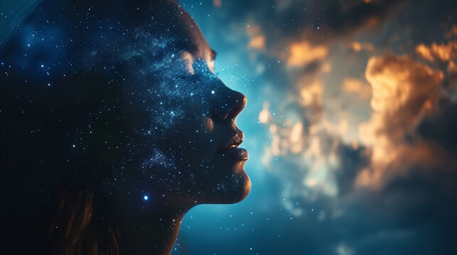 A woman's head containing the mystery to the universe. The vast fantasy world has no boundaries.