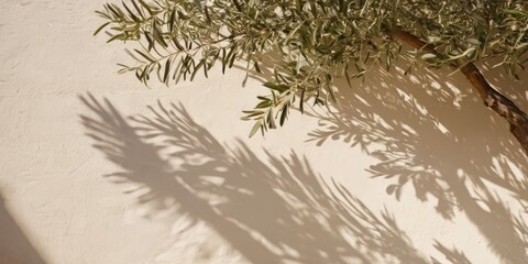 Mediterranean concept. Shadows of olive tree leaves, branches over white wall. Summer background, sunlight overlay, empty copy space.
