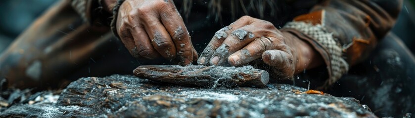 Flint tools in making, the spark of human ingenuity, crafting survival - obrazy, fototapety, plakaty
