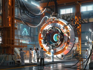 Team of Scientists Inspecting a Large Pulsed Power Machine for Nuclear Fusion Research in a High-Tech Laboratory