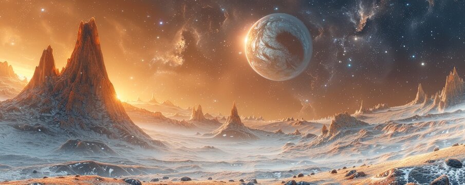 Interstellar travel brochure featuring alien ecosystems, exotic destinations beyond imagination