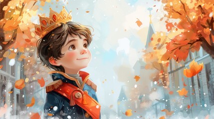 Artistic watercolor image of a young cute boy prince, adorned with a golden crown, on a pastel background.