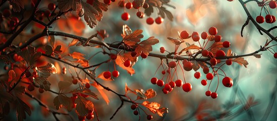 A branch from the Crataegus Oxyacantha tree, also known as the Hawthorn, with bright red berries hanging on it. The vibrant red berries contrast with the green leaves, creating a striking natural