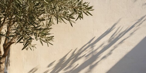 Fototapeta premium Mediterranean concept. Shadows of olive tree leaves, branches over white wall. Summer background, sunlight overlay, empty copy space.