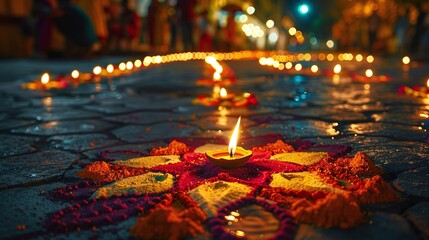 diwali celebration with oil lamp on street at night, festive rangoli background for happy diwali holiday greeting card