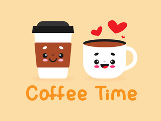 Coffe break time flat design vector. Cute character of coffee cup and mug. Coffee time vector illustration.