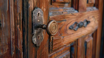 A key securely inserted in the lock of a front door
