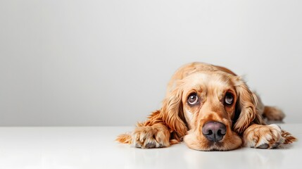 Golden cocker spaniel relaxing with face down on the studio floor