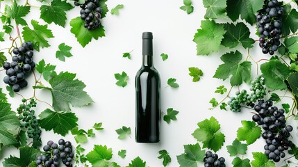 red wine bottle with ripe grapes and vine leaves on white background space - obrazy, fototapety, plakaty